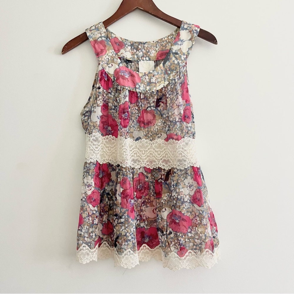 Anna Sui Anthropologie 100% Silk Boho Floral Lace Sleeveless Blouse Size S Pink